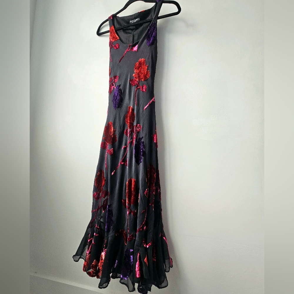 Betsey Johnson Vintage  Black Purple Red Orange Velvet Applique Ruffled Dress - Picture 5 of 16
